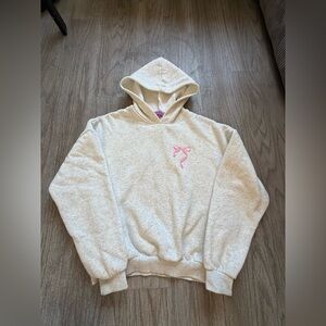 Edikted Heather Cream Hoodie with Pink Ribbon Chest Graphic